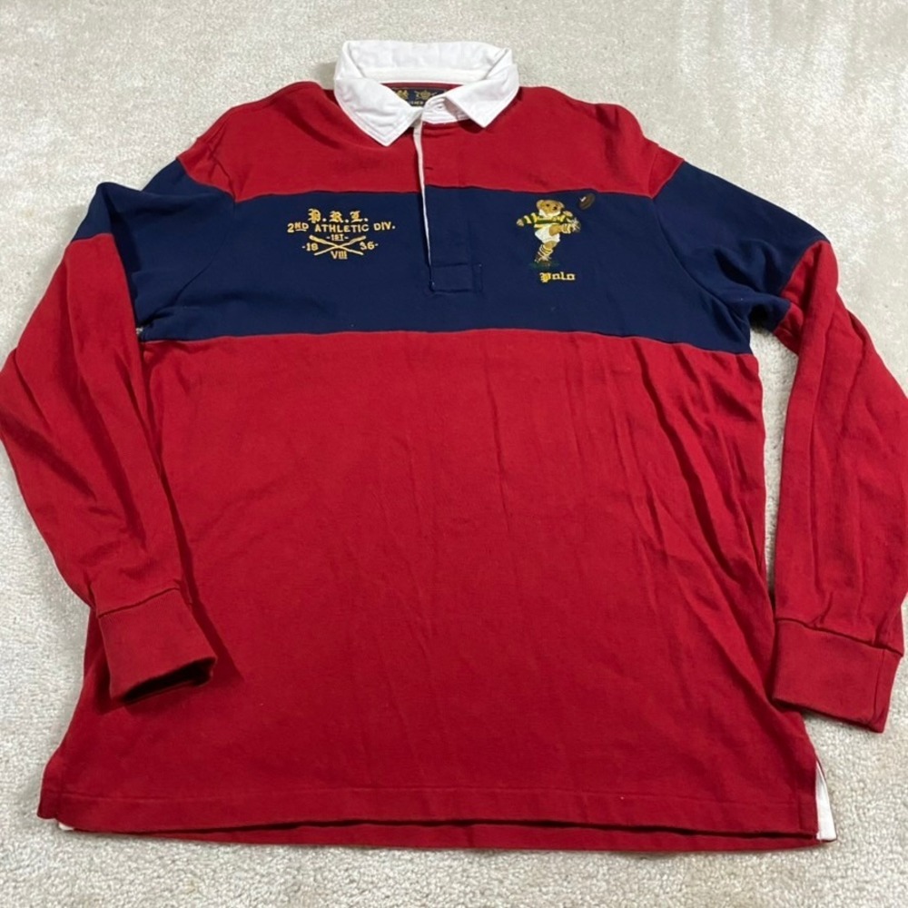 Polo Ralph Lauren Polo Bear Rugby Shirt Mens L Red Navy Blue Football Preppy